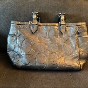 Vintage Coach Gunmetal Silver Leather Tote